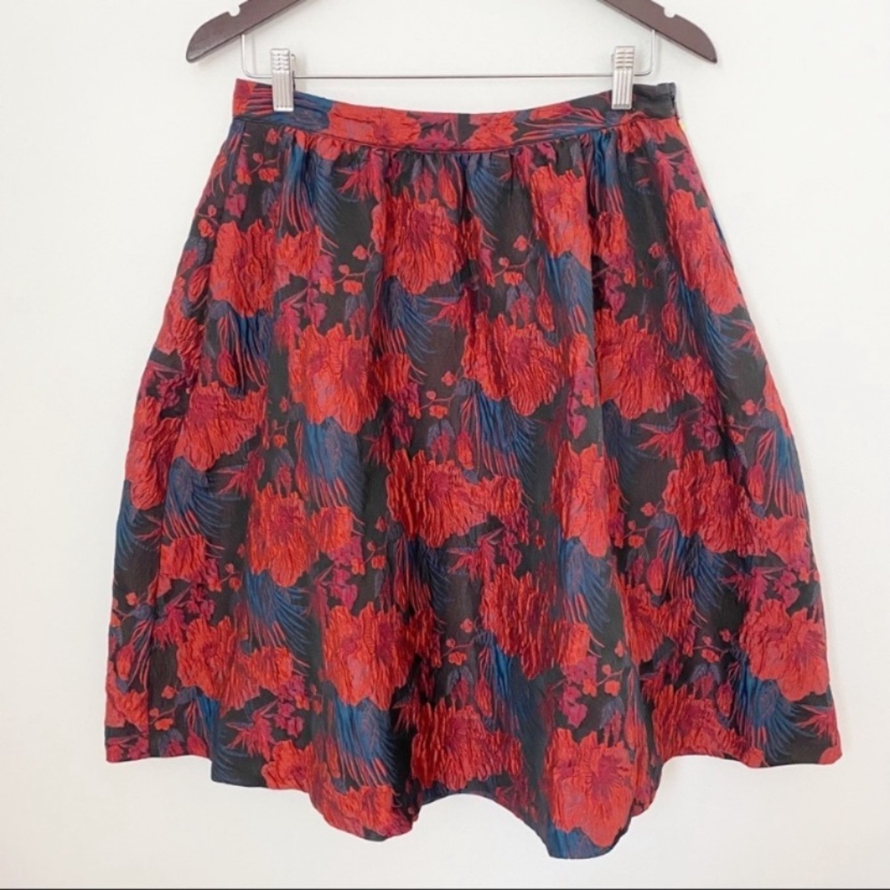 NWT CeCe Maroon Floral Double lined Full Elegant Knee Length Skirt Size 8
